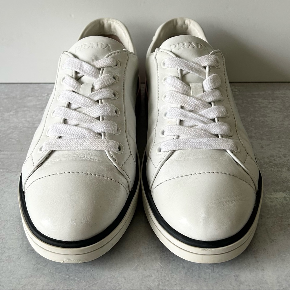 PRADA Womens Vitello Soft 3 Low Profile White/Pink Leather Sneakers, 37.5 - Picture 2 of 13